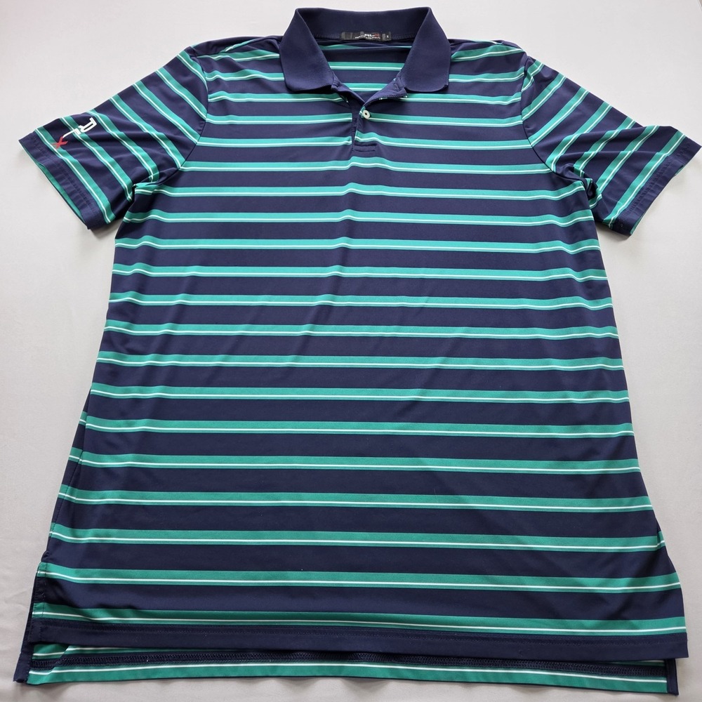 RLX Shirt Men's XL Striped Ralph Lauren Short Sleeve Blue and Green Golf Stretch
